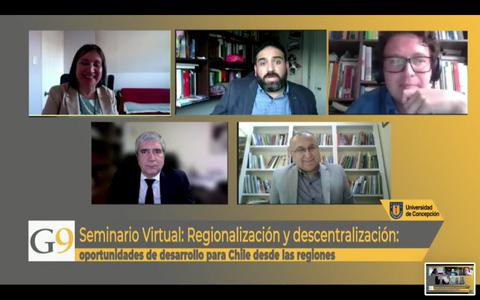 Un seminario virtual sobre regionalización y descentralización en Chile se presenta con varios ponentes en pantalla.