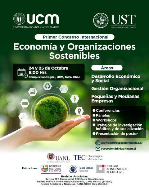 Cartel del Primer Congreso Internacional sobre Economía y Organizaciones Sostenibles que se realizará en Talca, Chile.