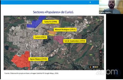 Mapa de los sectores populares de Curicó con diferentes colores que representan las áreas y años de fundación.