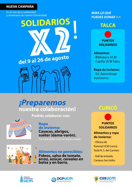 Cartel informativo sobre una campaña de donación de ropa y alimentos en Talca y Curicó.