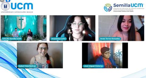 Una reunión virtual con cinco participantes en distintas ventanas, donde se observa fondo religioso y elementos académicos.