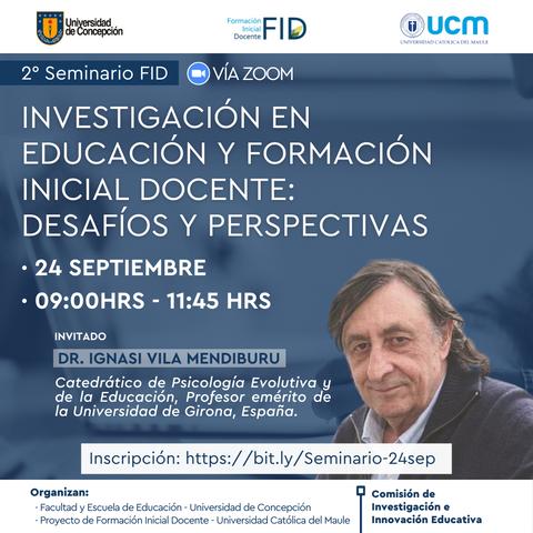 El cartel del seminario destaca la investigación en educación y formación docente con un enfoque en desafíos y perspectivas.