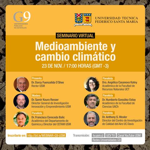 La imagen muestra un seminario virtual sobre medioambiente y cambio climático realizado por la Universidad Técnica Federico Santa María.
