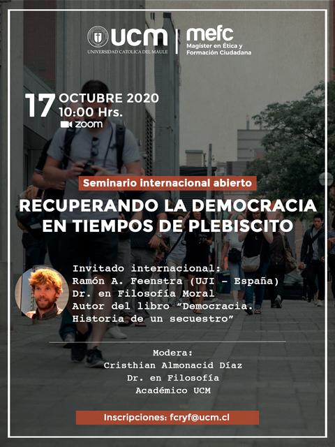 Anuncio de un seminario internacional sobre democracia y plebiscitos, con información sobre el evento y participantes.