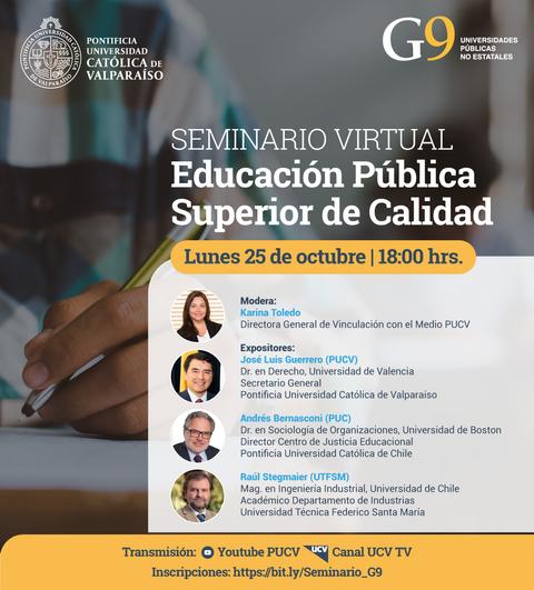 Este es un cartel informativo sobre un seminario virtual acerca de la educación pública superior de calidad.