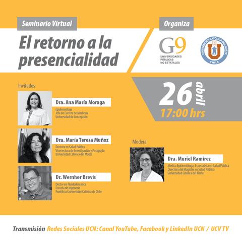 Anuncio de un seminario virtual sobre el retorno a la presencialidad organizado por universidades chilenas.