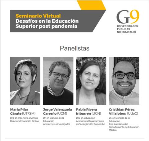 Imagen que muestra a los panelistas de un seminario virtual sobre educación superior post pandemia.