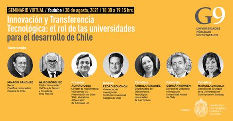 Imagen de un seminario virtual sobre innovación y transferencia tecnológica en Chile, con panelistas destacados.