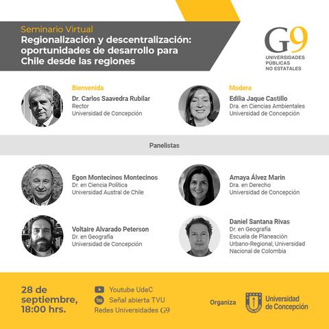 Imagen del seminario virtual sobre regionalización y descentralización en Chile con panelistas y moderadores destacados.