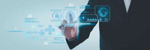 Un cabro con un traje está interactuando con tecnología de inteligencia artificial y biometría.