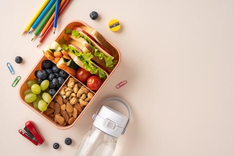 Una rica colación para llevar al colegio con sándwiches, frutas y snacks.