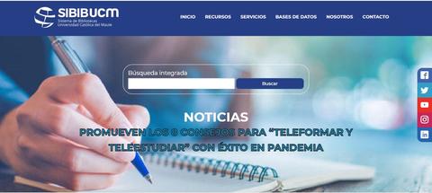 La imagen muestra la página de inicio del Sistema de Bibliotecas de la Universidad Católica de Maule con un enfoque en los recursos para el teleformar y teleestudiar durante la pandemia.