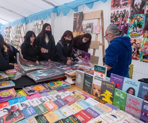 Un grupo de personas inspecciona libros y carteles en un mercado.