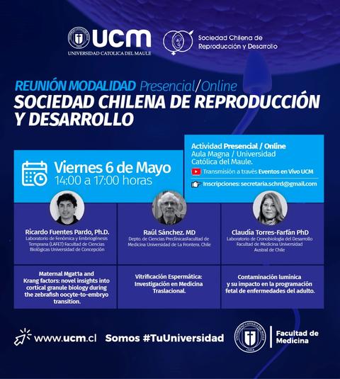 Cartel informativo sobre una reunión de la Sociedad Chilena de Reproducción y Desarrollo con fecha y horarios específicos.