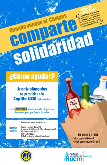 El cartel invita a los estudiantes a donar alimentos no perecederos a la Capilla UCM para ayudar a los necesitados.