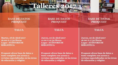 Cartel publicitario de talleres sobre bases de datos Proquest en Talca, Chile, en abril de 2017.