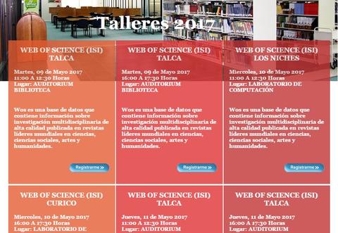 Imagen de un anuncio de talleres sobre Web of Science en diferentes localidades de Chile.