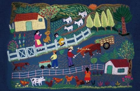 Una colorida representación de una escena rural con animales y personas en un entorno campestre.