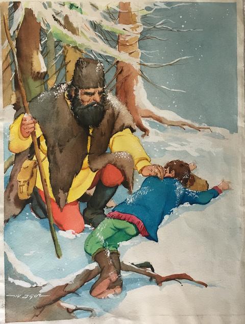 Un hombre con barba y vestido de forma rústica ayuda a un niño en un paisaje nevado.