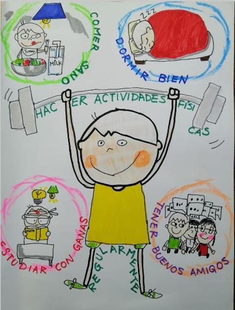 Un dibujo que promueve hábitos saludables como el ejercicio, el estudio y la buena alimentación.