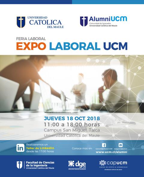 Anuncio de una feria laboral organizada por la Universidad Católica del Maule.