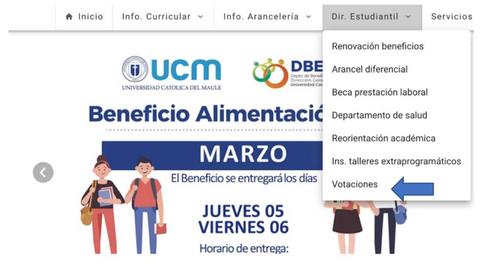 Imagen informativa sobre los beneficios alimentarios de la Universidad Católica del Maule para marzo, incluyendo fechas y servicios disponibles.
