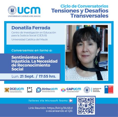 La imagen muestra un cartel del ciclo de conversatorios de la Universidad Católica del Maule sobre temas de justicia social.