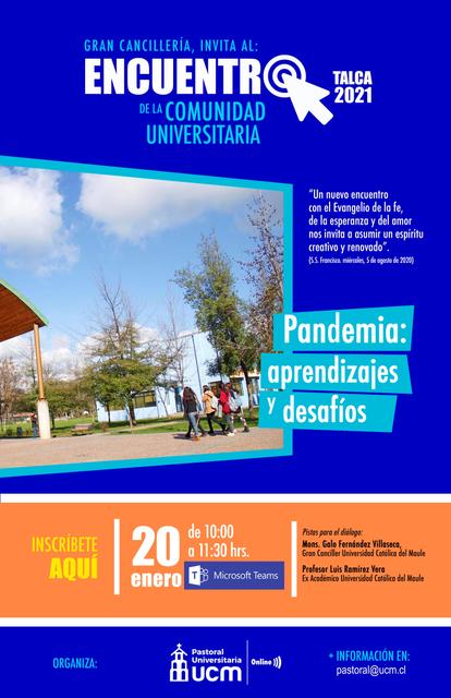 Un anuncio sobre un encuentro universitario en Talca que aborda el tema de la pandemia y sus desafíos.