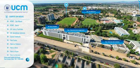 Vista aérea del campus de la Universidad Católica del Maule en San Miguel, con varias instalaciones y áreas verdes.