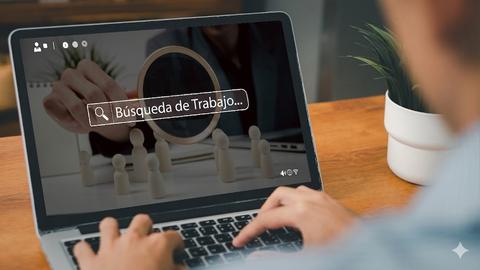 Una persona busca empleo en su computador mientras observa figuras de madera en una mesa.