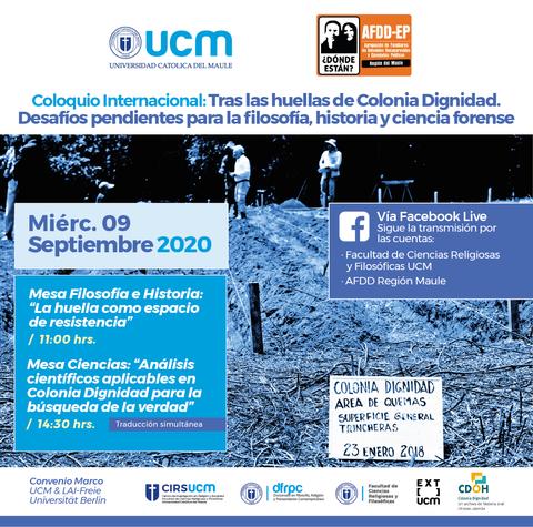 Imagen promocional de un coloquio internacional sobre Colonia Dignidad y sus implicaciones en filosofía, historia y ciencia forense.