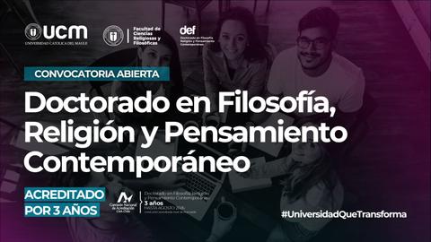 Este afiche promociona la convocatoria para un Doctorado en Filosofía, Religión y Pensamiento Contemporáneo.