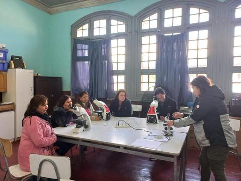 Un grupo de personas se encuentra en un aula, observando y usando microscopios sobre una mesa.