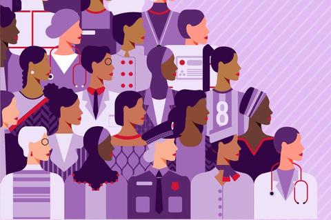 Una representación gráfica de diversas mujeres en diferentes profesiones y roles sociales.