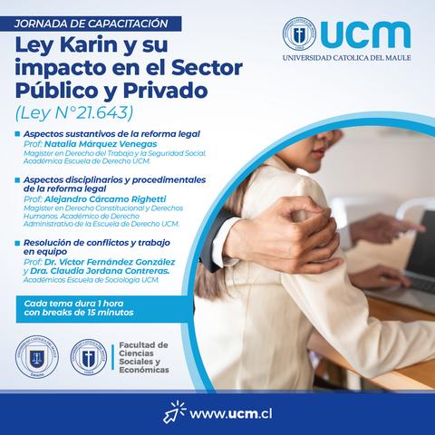 Imagen promocional de una jornada de capacitación sobre la Ley Karin y su impacto en el sector público y privado.