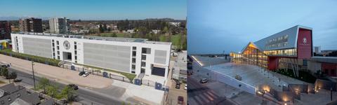La imagen muestra dos edificios modernos desde perspectivas aéreas.