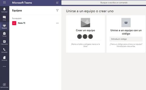 Interfaz de Microsoft Teams mostrando opciones para crear o unirse a un equipo.