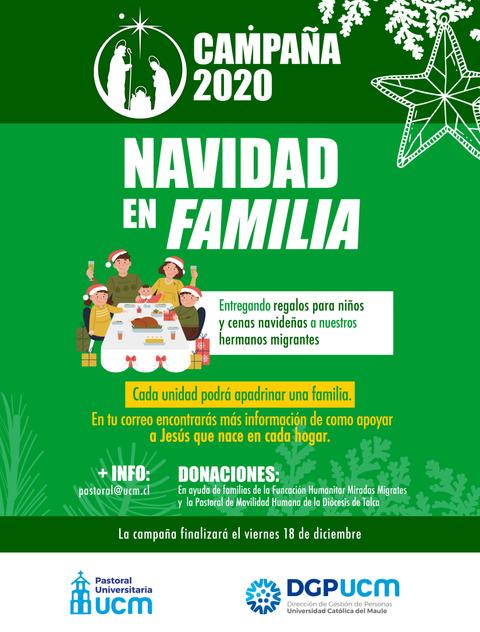 Cartel de una campaña navideña que invita a entregar regalos y cenas a familias migrantes.