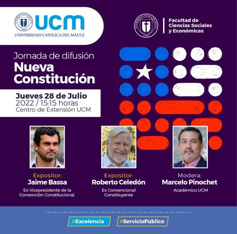 La imagen promociona una jornada de difusión sobre la nueva constitución en la Universidad Católica del Maule.