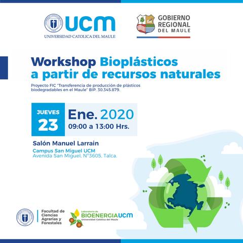 Cartel del workshop sobre bioplásticos organizado por la Universidad Católica del Maule.