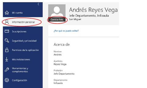 Interfaz de usuario que muestra información personal y opciones de configuración.