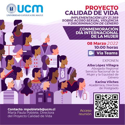 Imagen que celebra el Día Internacional de la Mujer con información sobre un proyecto de calidad de vida organizado por la Universidad Católica del Maule.