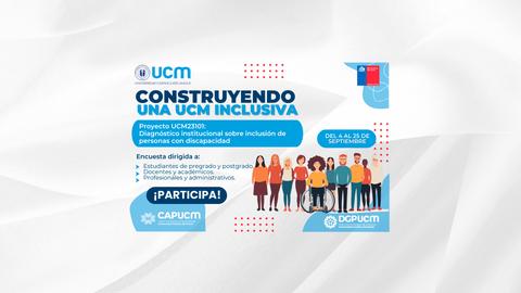 Imagen promocional de un proyecto de inclusión en la UCM que invita a participar en una encuesta sobre la inclusión de personas con discapacidad.