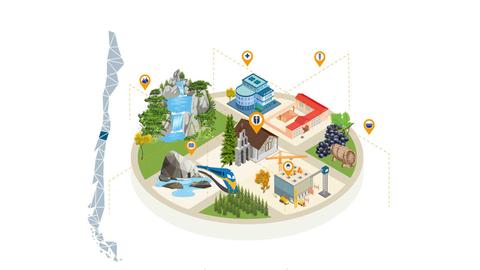 Mapa ilustrado que muestra diferentes puntos de interés turístico en un entorno natural.