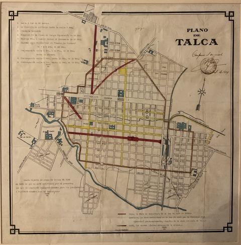Este es un antiguo plano de la ciudad de Talca, mostrando sus calles y edificios en un diseño detallado.