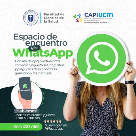 Anuncio sobre un espacio de encuentro virtual a través de WhatsApp para apoyo en inquietudes sobre la crianza.