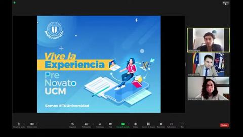 Presentación sobre el programa Pre Novato UCM con un fondo colorido y elementos gráficos relacionados a la educación.