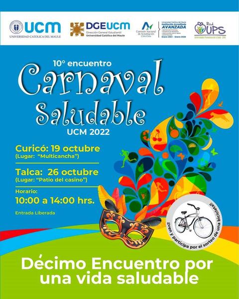 Cartel del 10° encuentro del Carnaval Saludable UCM 2022 con detalles del evento y fechas.