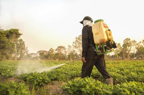 Un agricultor rociando pesticidas en un campo de cultivo al atardecer.