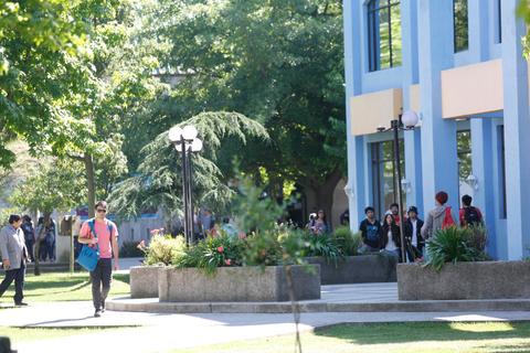 Un grupo de personas camina por un campus universitario rodeado de vegetación.